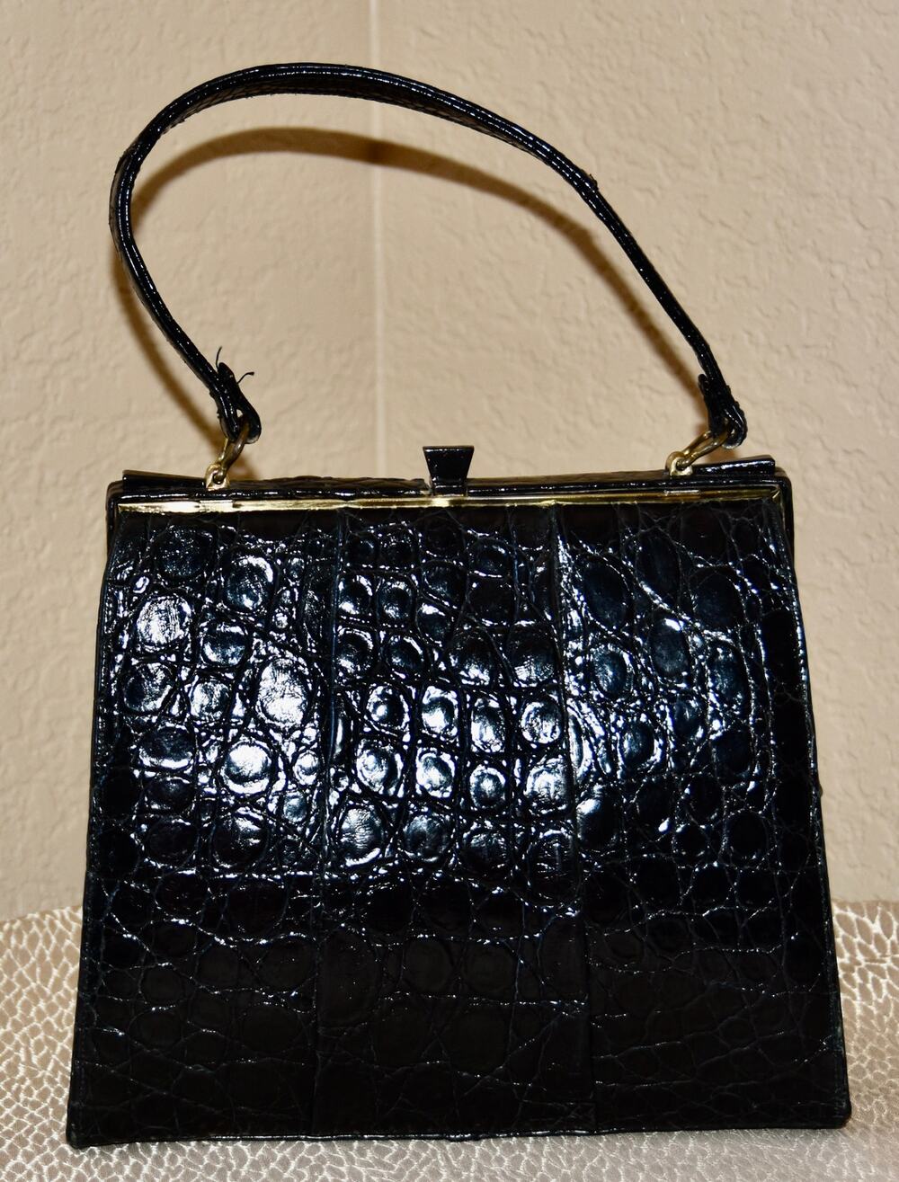 Black Genuine Crocodile Large Top Handle Handbag Gold Hardware - Circa 1950's